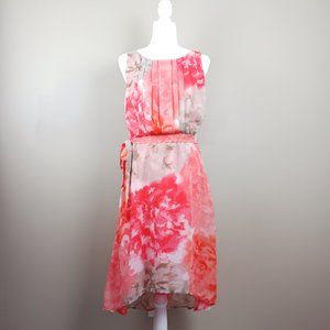 OLIVIA MATHEWS| Floral Print Pleated Front Sleeveless Hi Low Midi Dress